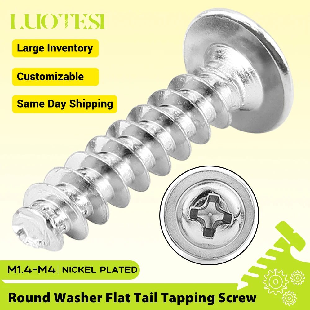 

Cross Round Head Flat Tail Self- tapping Screw With Washer Nickel Plated M1.4 M1.7 M2 M2.3 M2.6 M3 M3.5 M4 Phillips PWB Screw