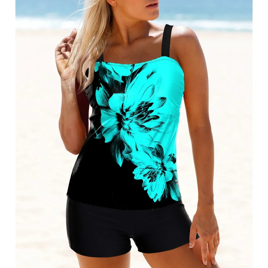 

High-quality Summer Fashion Women's Swimsuits Vacation Leisure Fluorescent Lotus Print Seaside Top Shorts Two-piece Set S-5XL