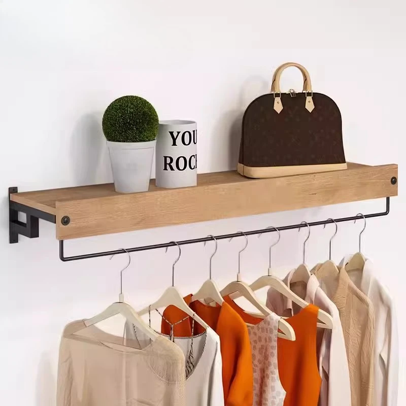 

Wood Wall Garment Rack Boutique Retail Store Clothing Display Shelf with Metal Rods Hanging Organizer Commercial Coat Racks