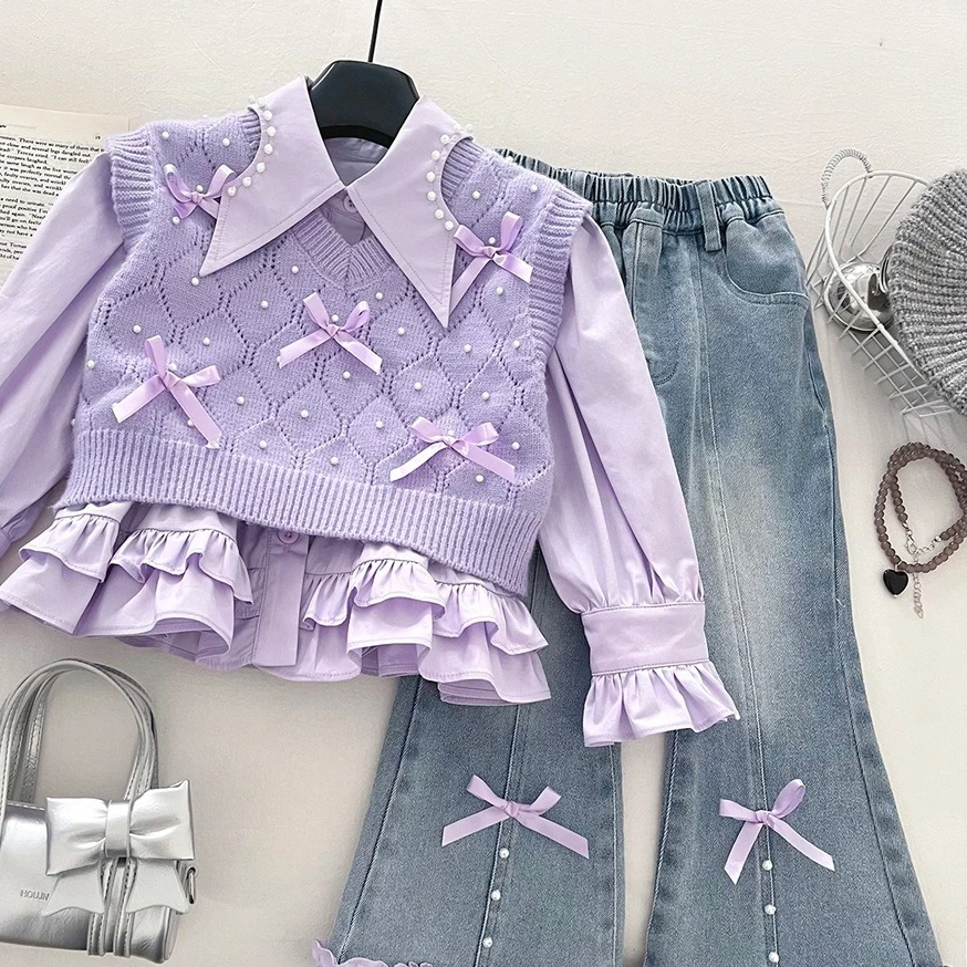 

Костюм для девочек, весна-осень 2022, новая детская одежда, однотонный жилет с жемчугом для девочек, рубашка с лацканами, расклешенные джинсы, три комплекта