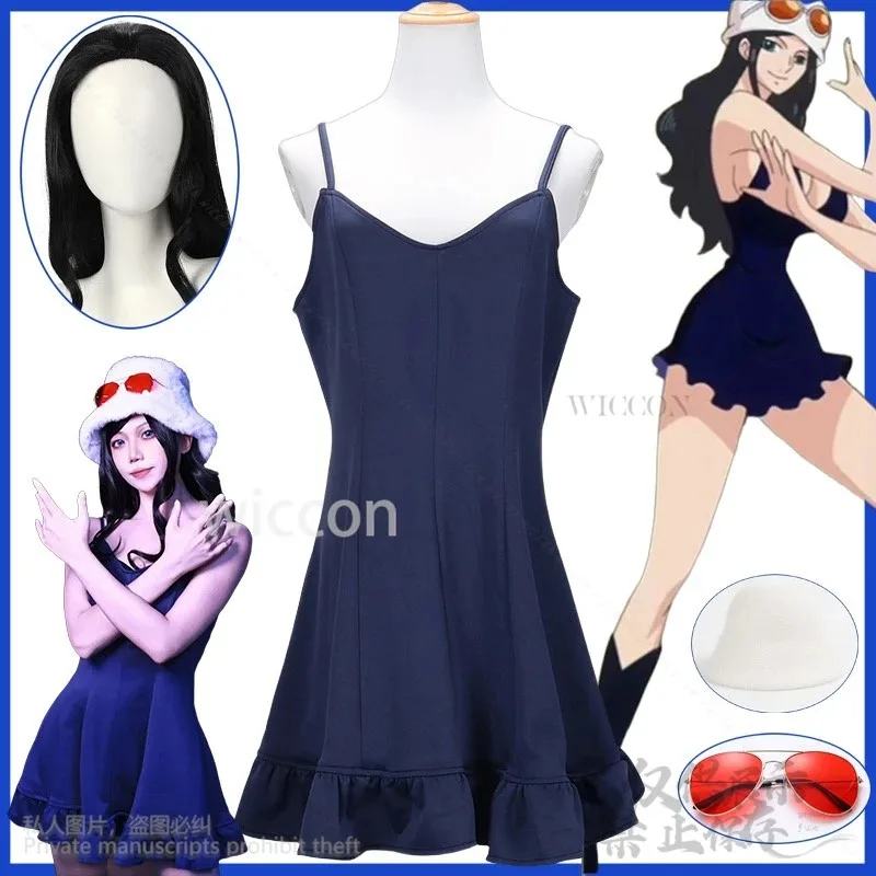 

Новый аниме Miss All Sunday Нико Робин Косплей Костюм Сексуальные девушки Женщина Синее платье Белая шляпа Очки Реквизит для Хэллоуина1;s'6,y;9'b,5;