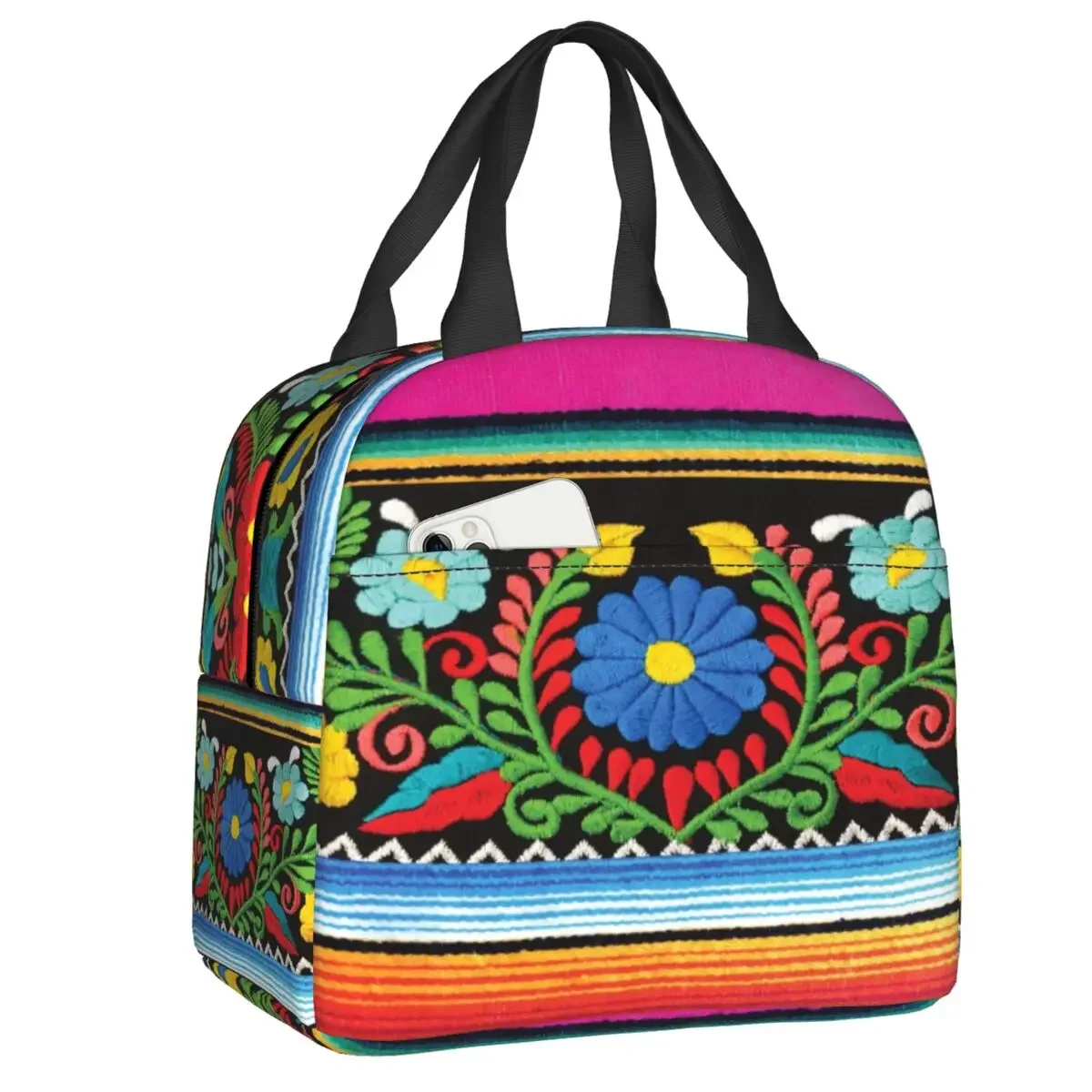 Custom Otomi Birds Mexican Flowers Pattern Lunch Bag Cooler Thermal Insulated Lunch Box for School Work Food Picnic Tote Bags