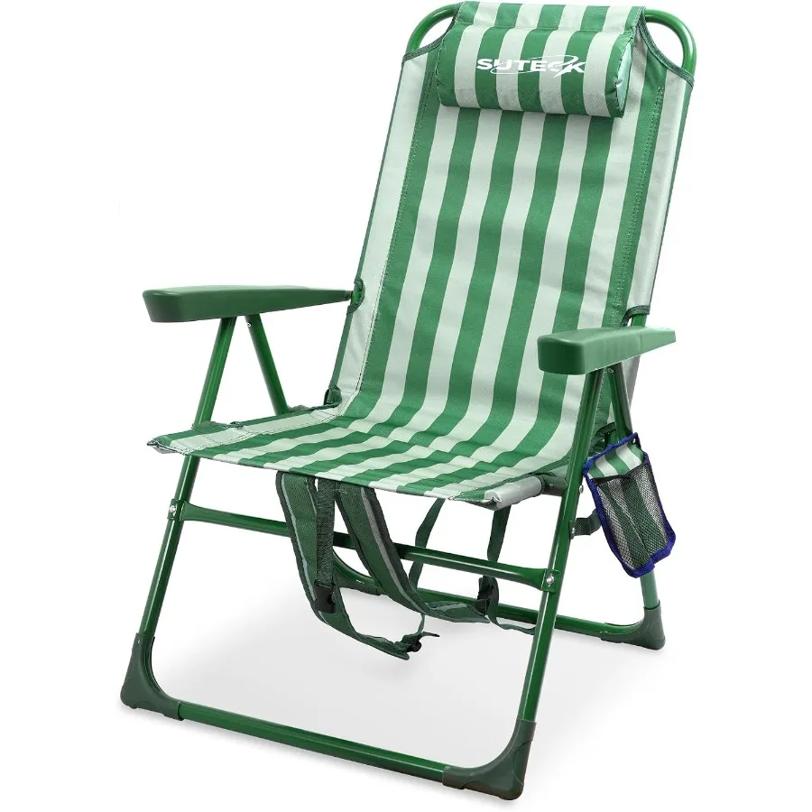 Beach chair for outdoor sand use, aluminum frame with navy blue fabric, 6-position reclining, includes cooler bag and cup holde