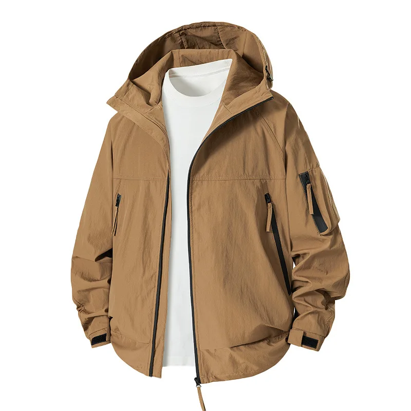 

Мужская куртка весенняя винтажная с длинным рукавом, с карманами, с капюшоном, тонкая, однотонная, для активного отдыха, легкая, мужская куртка-карго