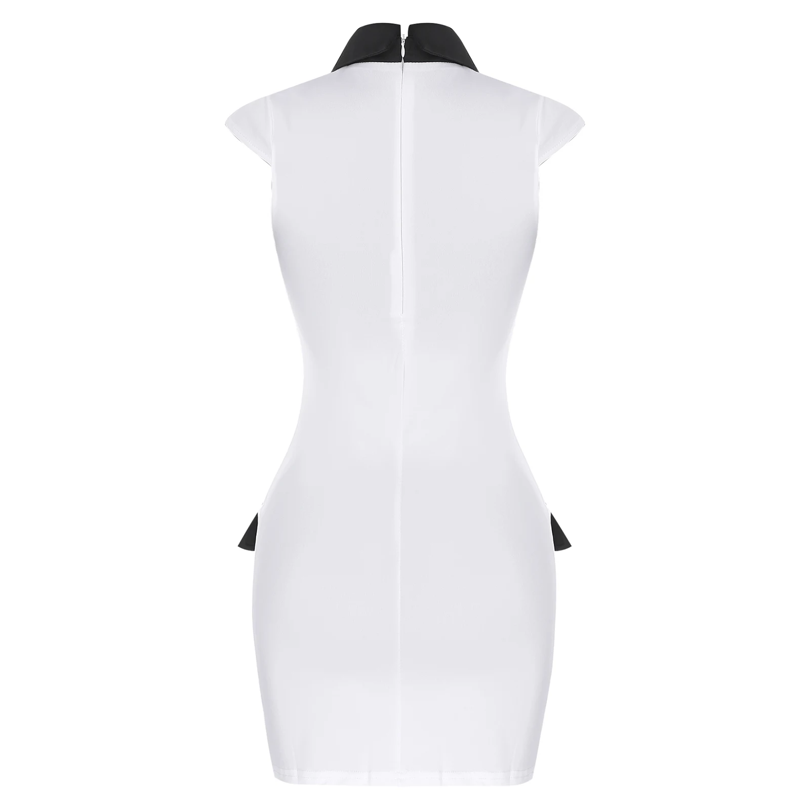 Womens Slim Fit Bodycon Mini Dress Contrast Color Lapel And Decorative Flap Cap Sleeve Back Zip Short Dress Office Party Costume