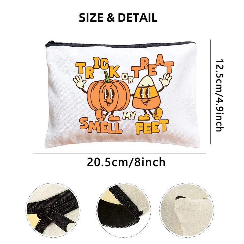Retro Cartoon Pumpkin Candy Corn Halloween Print Zipper Storage Bag，Large-capacity portable makeup bag，Student stationery pencil