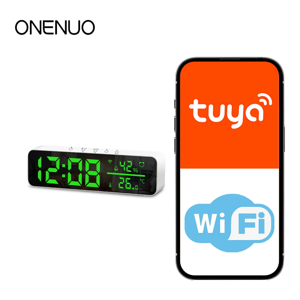 

Tuya WiFi LED Clocks Display Temperature Humidity Sensor Support Time USB Desktop Mirror Alarm Clock for Living Room Decoration
