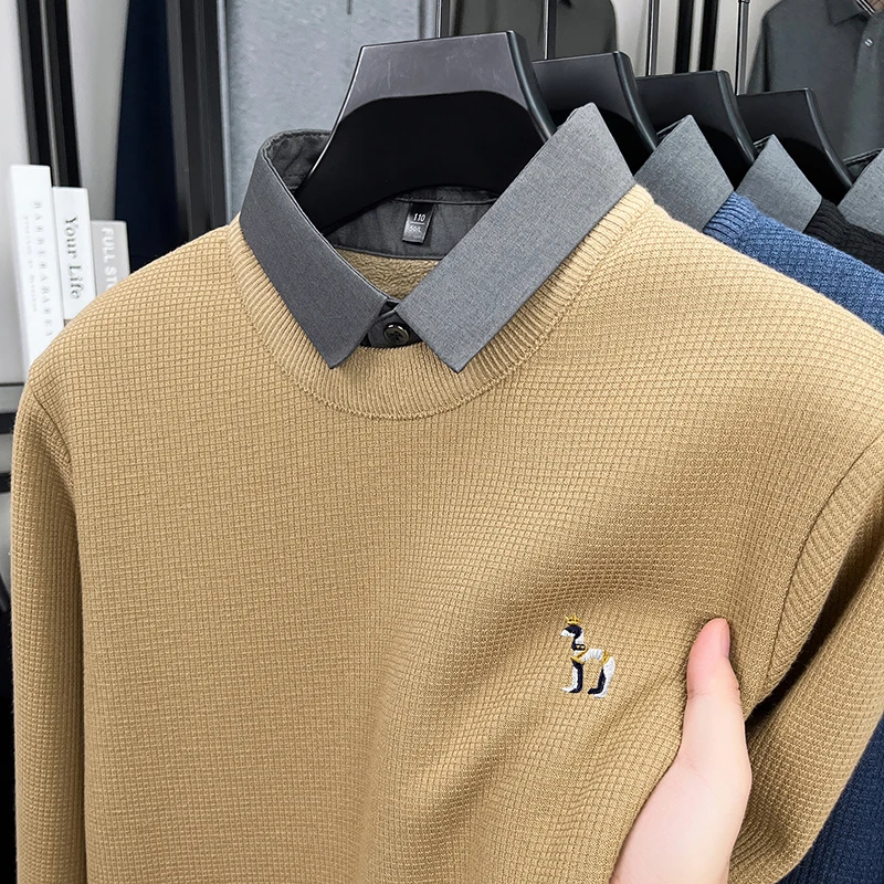 Luxury Quality Men's Knitted Sweater Fake Two-Piece Cartoon Dog Embroid Long Sleeve Winter Shirt Collar Business Casual Menswear