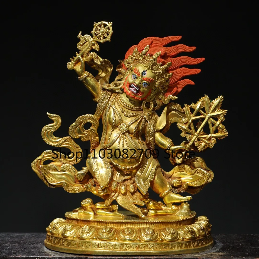 Tibetan brass gilt painting depicting the face of the big black sky Mahagala statue of the God of Wealth ornament Home Buddhist