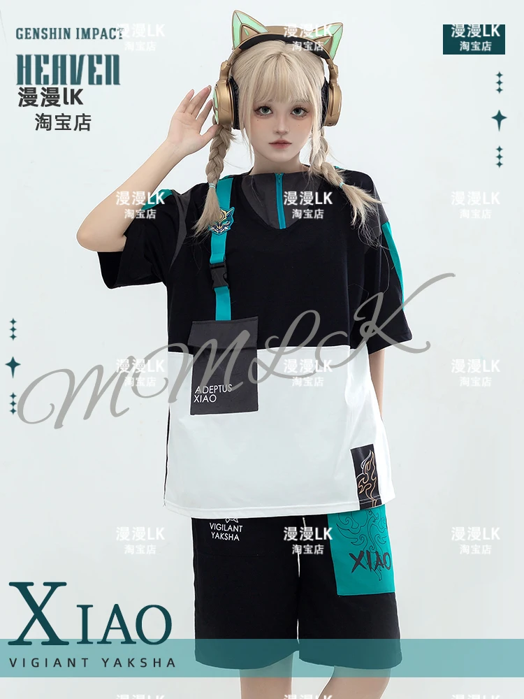 Anime Game Genshin Impact Xiao Cosplay Same style T-shirt Men Women Summer Uniform Short Sleeved Top Shorts Suit Costume