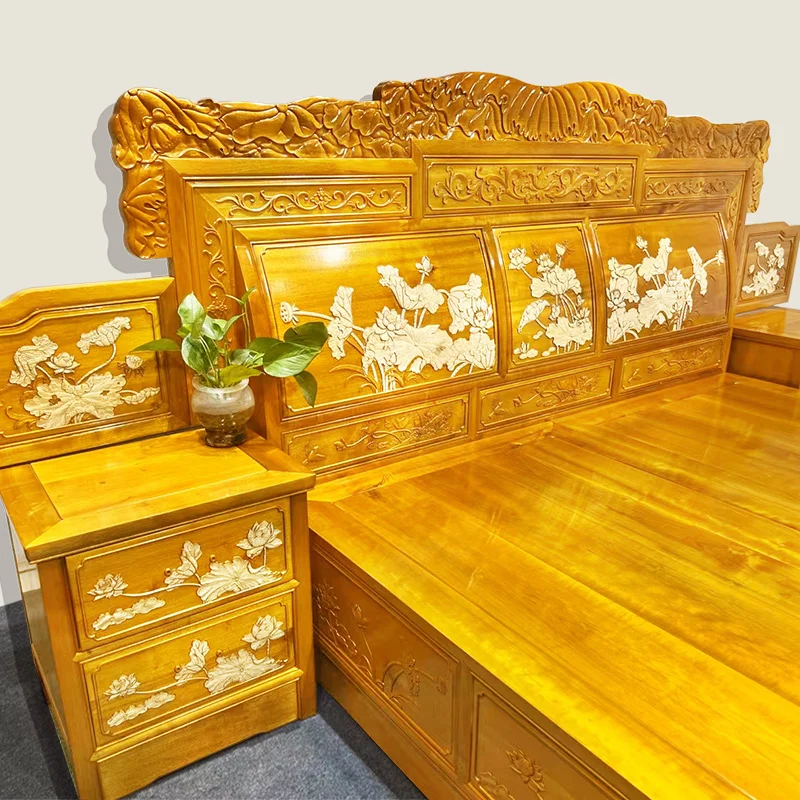 

Golden nanmu bed, Chinese storage double bed, master bedroom wedding