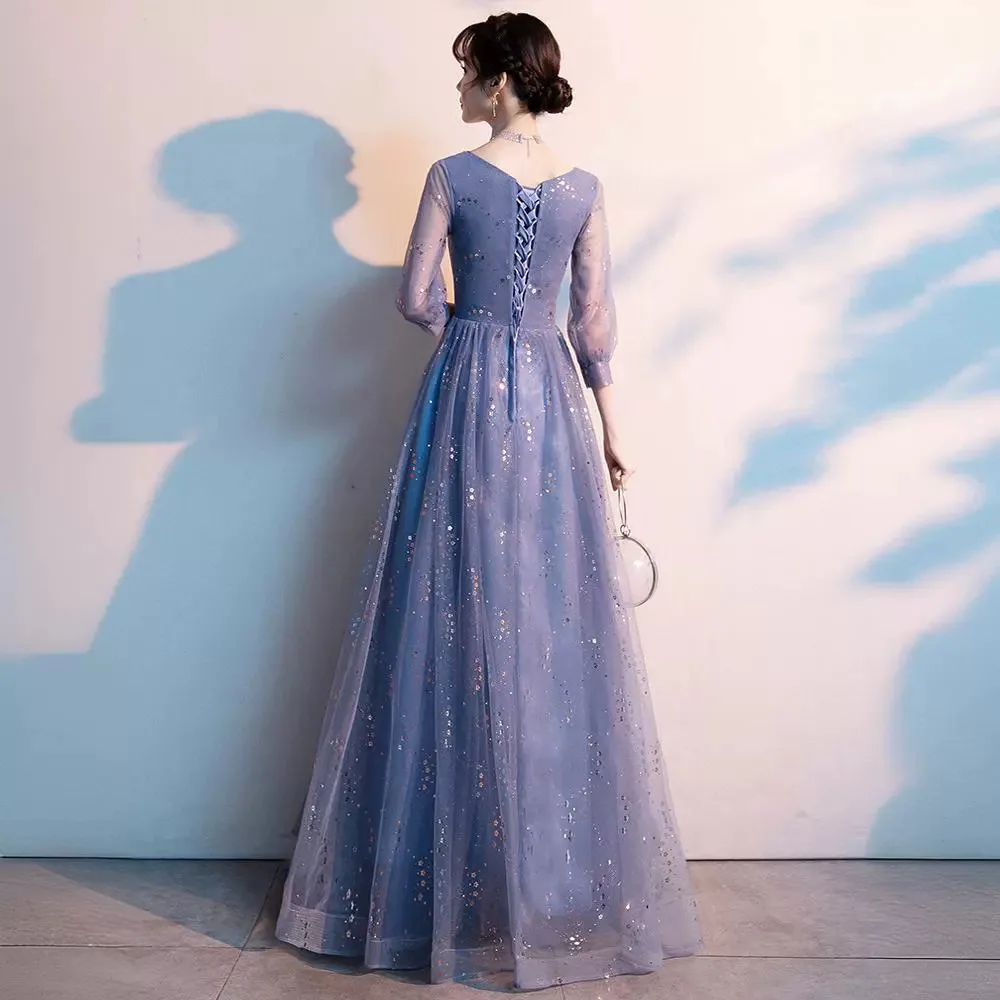 Blue Tulle Banquet Evening Dress Women Sweetheart Collar Long Sleeves Sequin Host Dresses Simple Elegant A-line Prom Gown