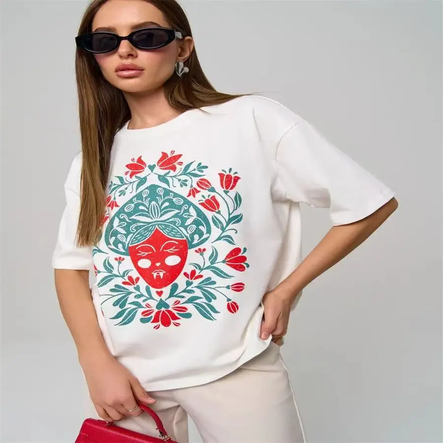 Malanka Folk Mask with Retro Floral Pattern Print 2026 Summer All-match 100% Cotton T-shirt Russian Style Casual Tees Woman Tops