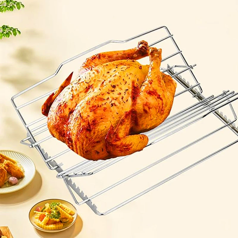 Turkey Roasting Rack, Stainless Steel BBQ Rib Rack Grilling Chicken Roasting Rack Adjustable V-Shaped Stand for Turkey Roast