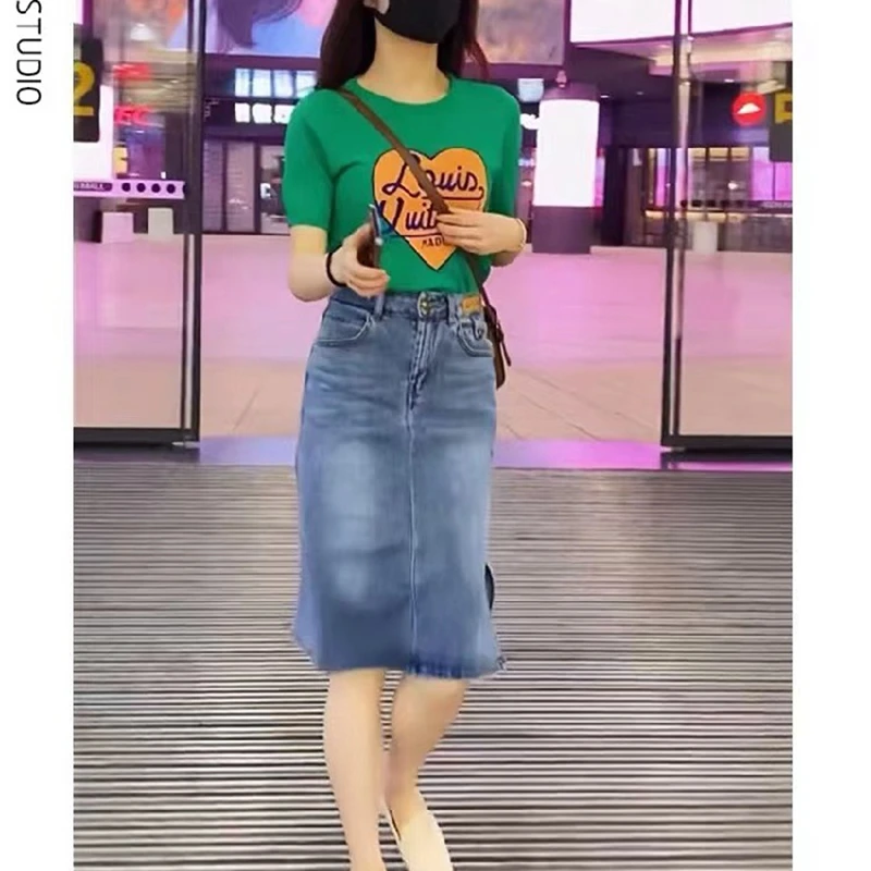 

Knitted Short Sleeve T-Shirt Denim Midi Skirt A-Line Set Women's New Style 2026 Trendy Mid-Length Dress Two-Piece Summer