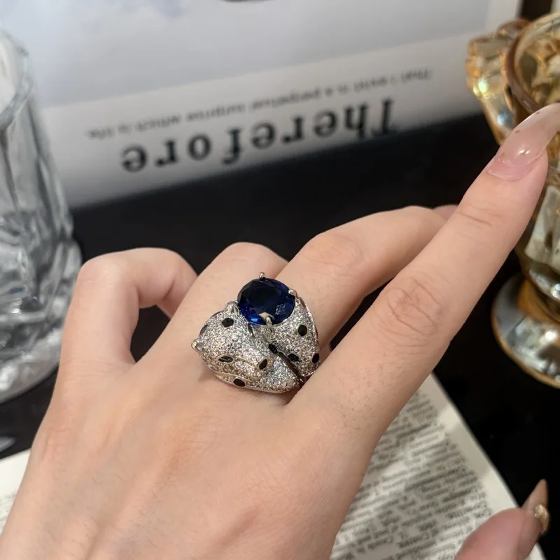 925 sterling silver heavyweight blue gemstone leopard ring for women's high-end light luxury jewelry leopard enamel leopard ring
