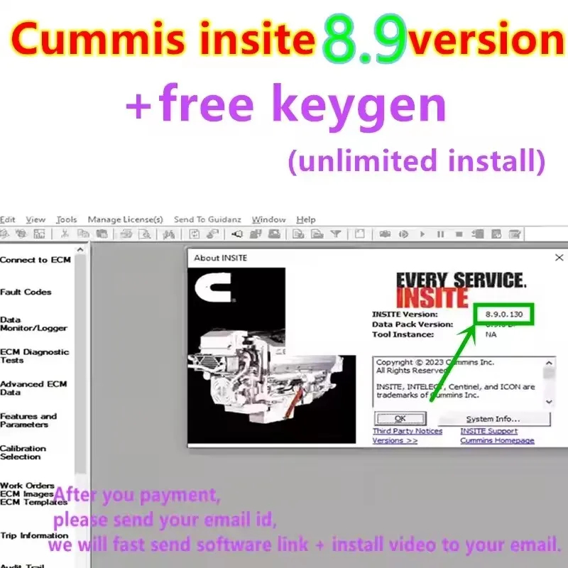

Lastest Cummins Insite 8.9 PRO free Keygen Engine Diagnostic Softwar Fault Code Engine Diagnostic Test Adjustment Edit RemoveECM