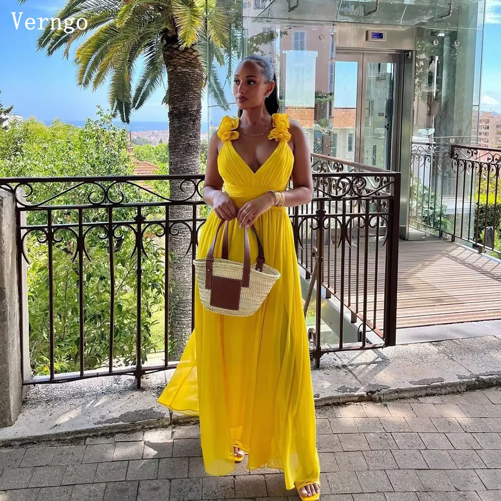 

Verngo Yellow Chiffon Evening Dress Deep V Neck Long Prom Dress Women Spaghetti Straps Sleeveless Prom Gown