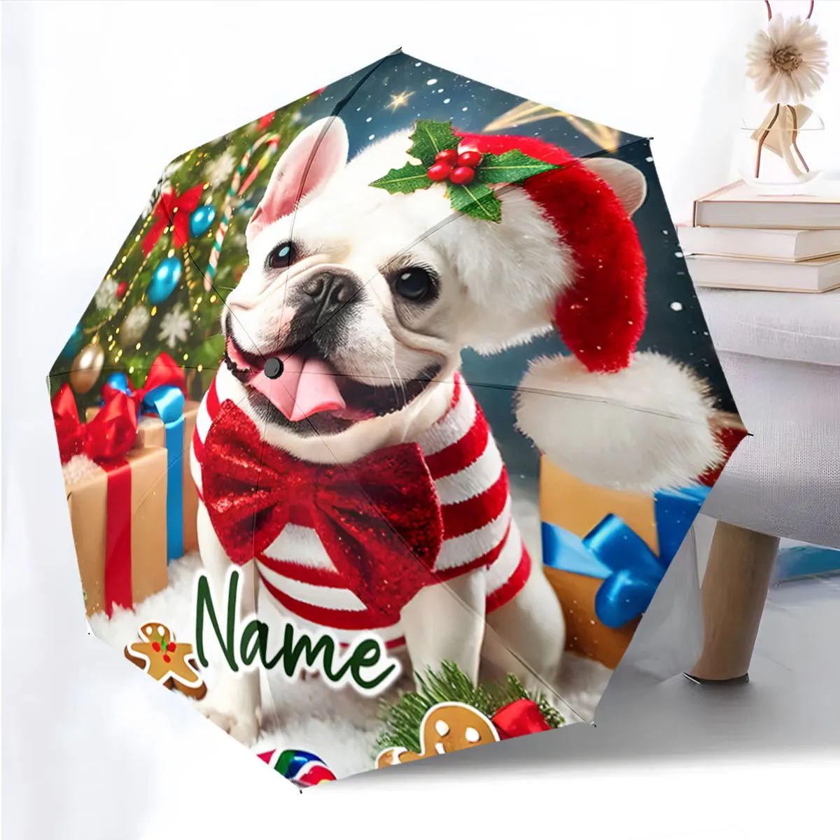 Custom Name Umbrella Festive Bulldog Umbrella for Christmas Cheer Print 8 Iron Ribs Folding Umbrella Auto-Open Fashion Sunshade