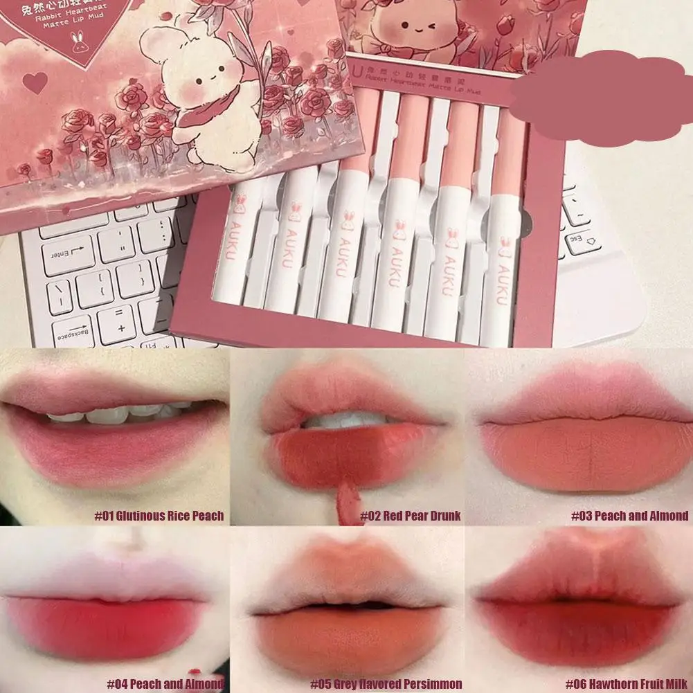 6-teiliges Kawaii-Lippenstift-Set, kostenloser Versand, koreanisches Make-up, Schönheitskosmetik, mattierter Lippenschlamm, wasserdicht, langlebiges Make-up für Frauen
