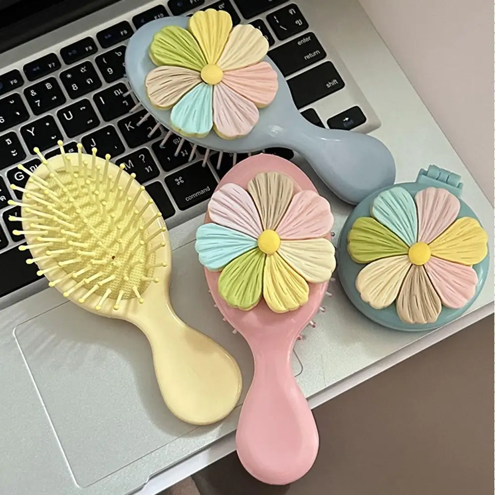 Portable Cake Flower Air Bag Comb Massage Comb Pocket Mirror 2 in 1 Comb Mirror Set Hair Brush Girl Heart Foldable Mirror Comb