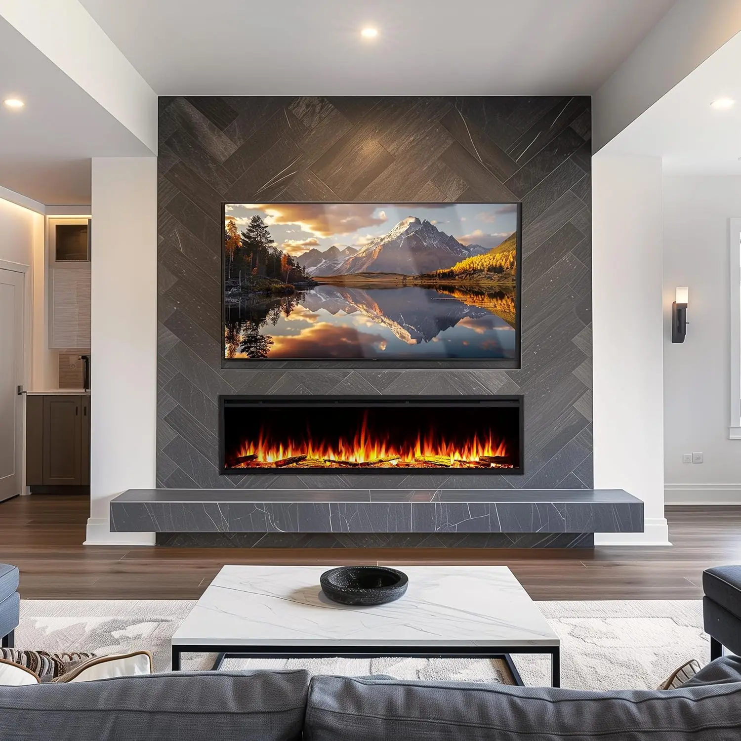 72 W Smart Wall Mount & in Wall Recessed Electric Fireplace Insert, Heater 750W/1500W, Multi Colors of FlameFuel Bed