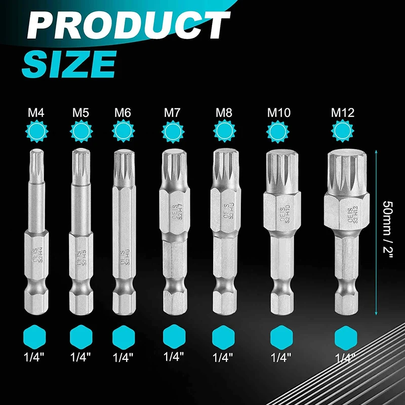 7Pcs Spline 12 Point Torx Screwdriver Bit 1/4'' Hex Shank Wind Drill Head 50mm Screw Wrench Magnetic M4-M12