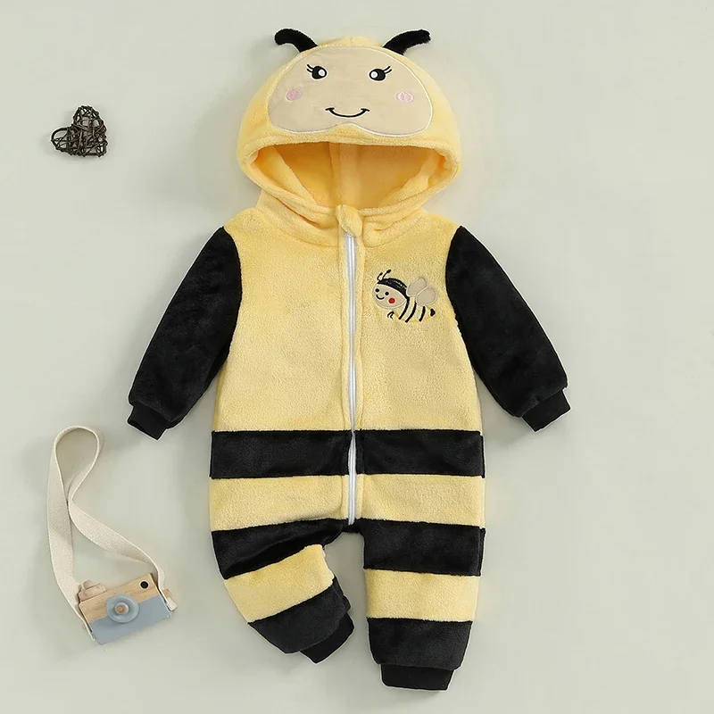Girls Hallowee Bee Costume Long Sleeve Hooded Zip Up Jumpsuit Cosplay Costume Baby Warm Rompers Winter Fall Clothes