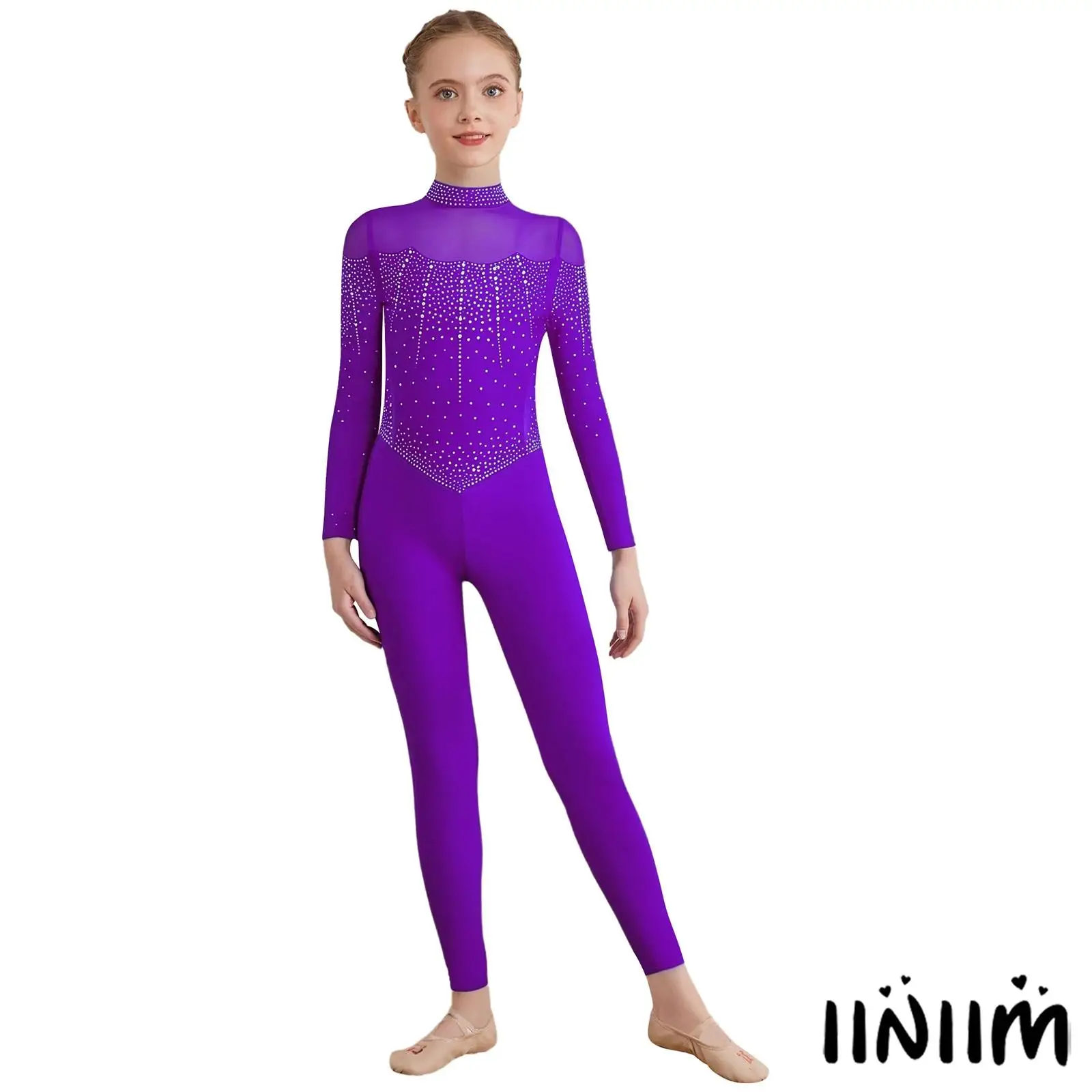 

Kids Girls Shiny Ballet Full Body Leotard Mock Neck Long Sleeve Sheer Mesh Patchwork Jumpsuit Figure Skating Dance Bodysuit