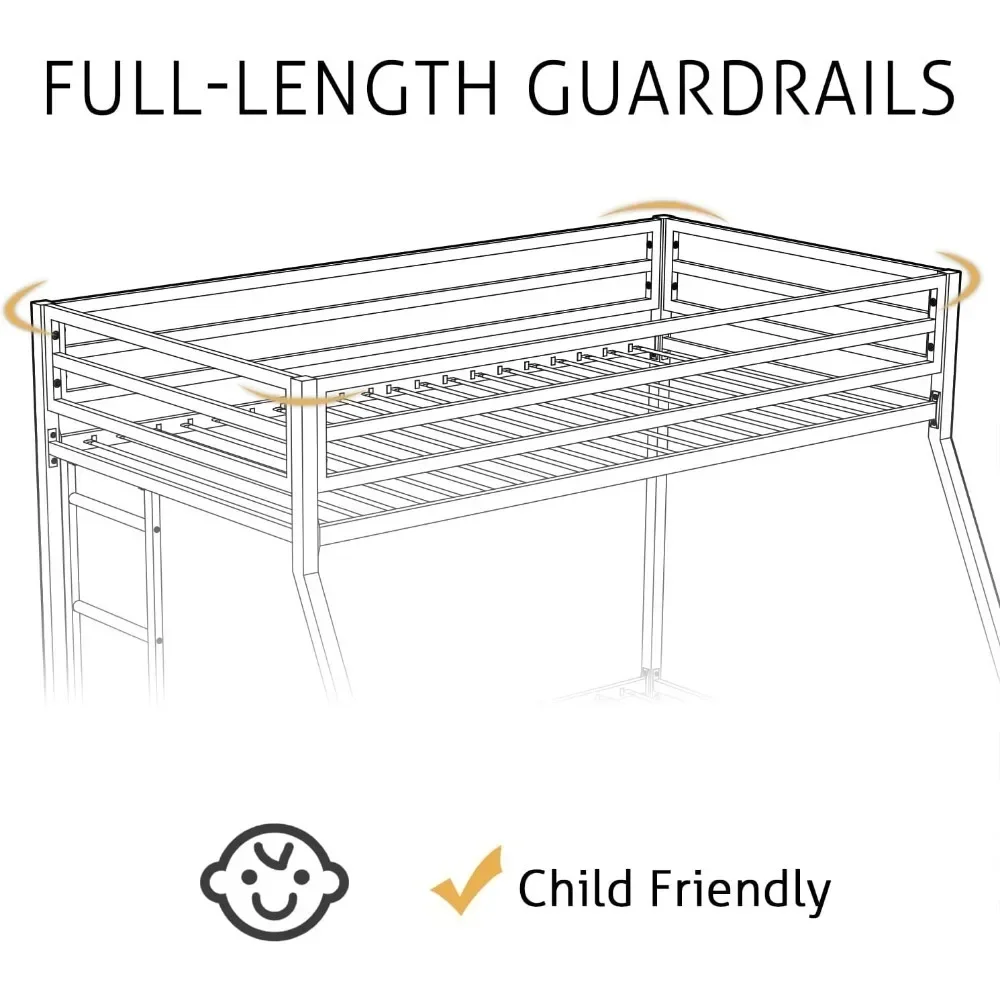 Beliche de metal com escadas removíveis, estrutura resistente resistente, Twin Over Full Size, 12 "sob a cama de armazenamento para adolescentes e adultos