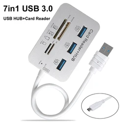 Adaptador de Leitor de Cartão de Memória, 7in 1, 3 Portas, USB Tipo C, 3.0 HUB, 4 Portas Expansor, SD, TF, MS,M2, MMC, Disco U, PC, Laptop, mouse, Teclado