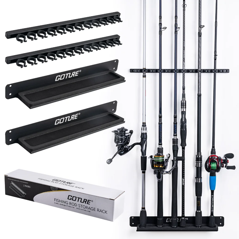 

Goture 2Set 12 Holes Fishing Rod Holders Vertical Wall Rod Rack 90° Rotatable Adjustable Buckle Easy Installation Rod Racks