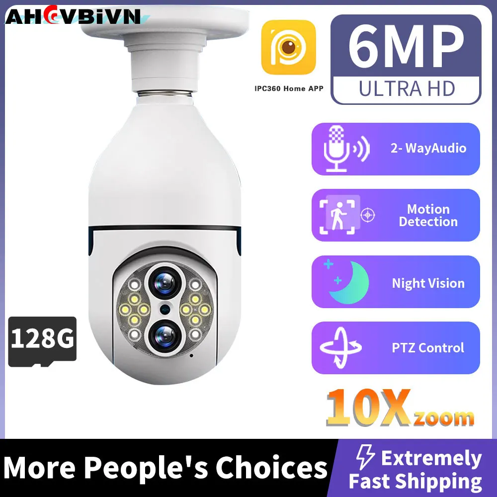 128G Card 10X Zoom 4K 8MP E27 Bulb Camera Two-Way Audio Indoor Video Surveillance Home Security Protect Floodlight WiFi Camera