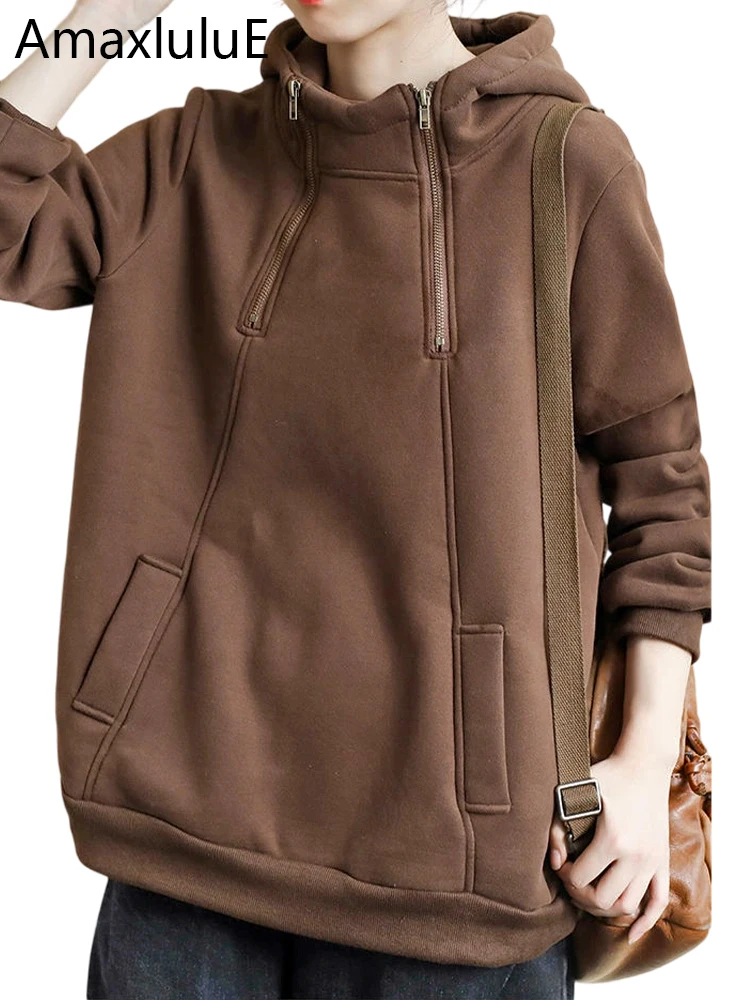 

Amax LuluE, зимняя корейская одежда, женские модные теплые меховые толстовки с капюшоном, женские свободные винтажные утепленные повседневные толстовки для фитнеса