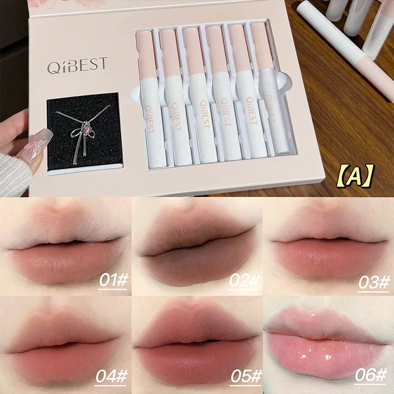QIBEST 6 stks/doos Matte Lippenstift Sets En Spiegel Waterige Lip Glazuur Blijvende Lip Make-Up Sets Hydraterende Lipgloss Tint Ketting Gift