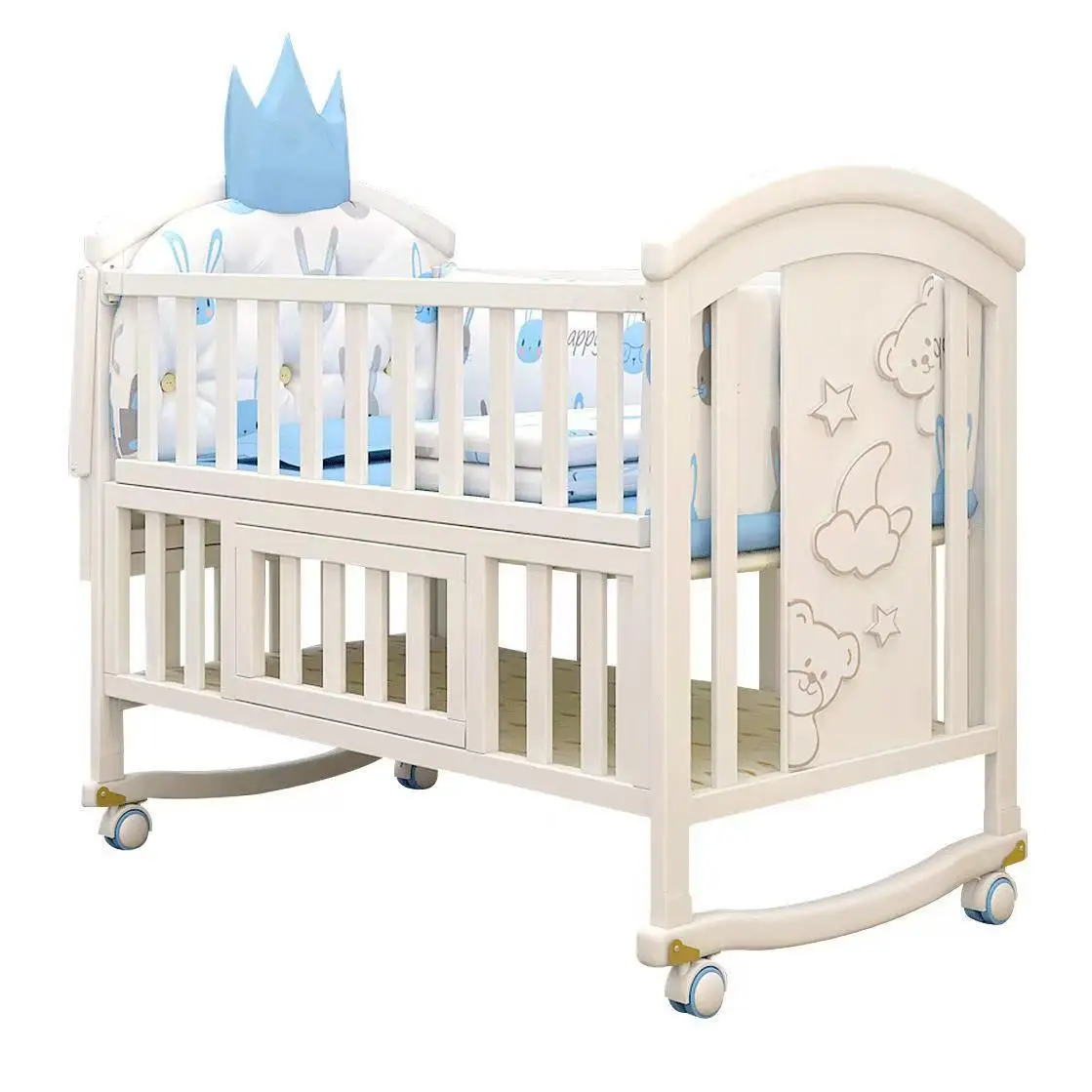 Wooden Baby Cot with Swing and Storage Multifunctional Convertible Adjustable Height Safe Toddler Bed CE Certified Infant Sleep