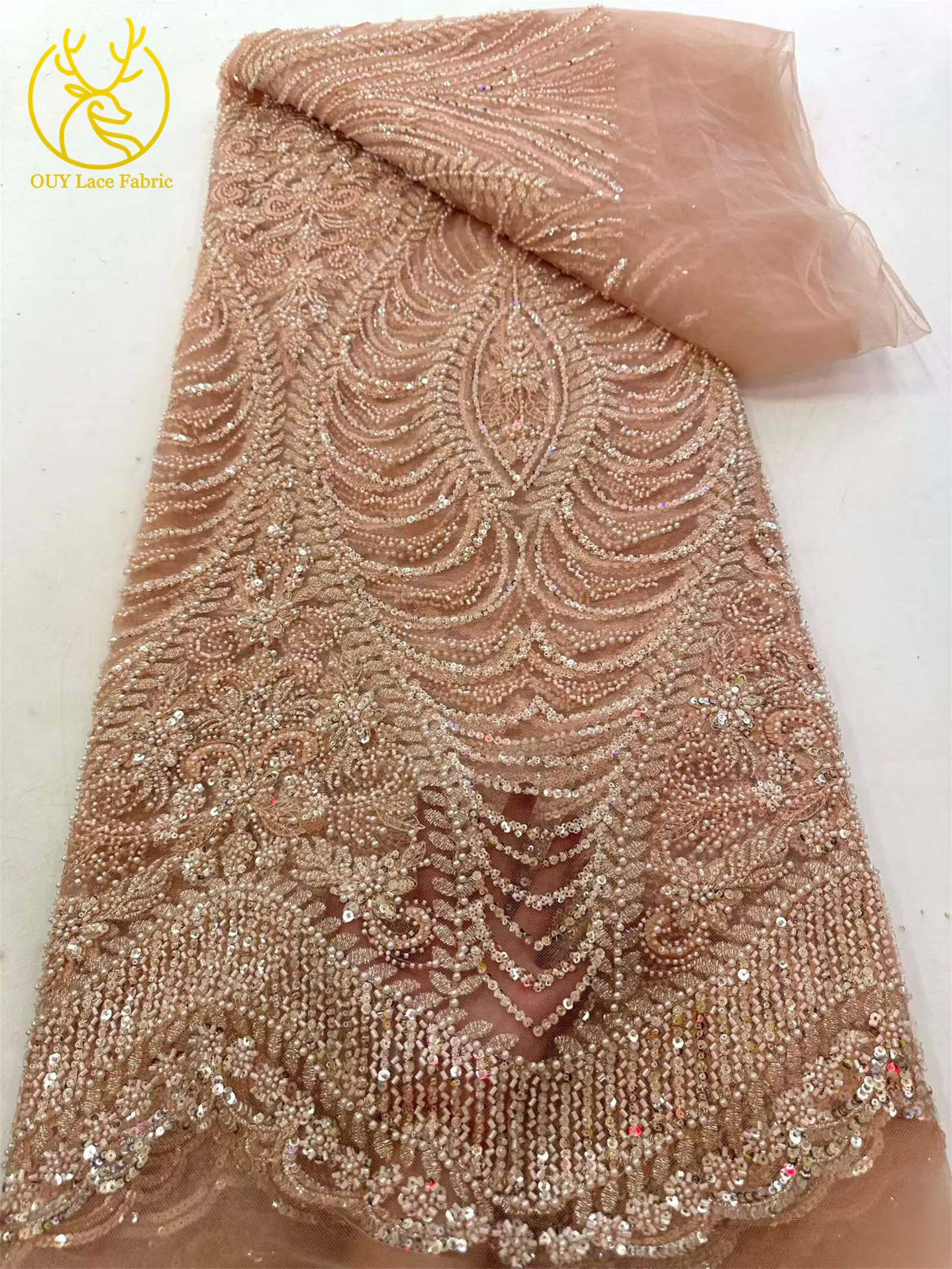 Luxuriöser goldener nigerianischer Mesh-Spitzenstoff mit Perlen und Pailletten, afrikanische französische Brautstickerei, Hochzeitsspitze für Damen, Partykleid, Nähen – Detail 11