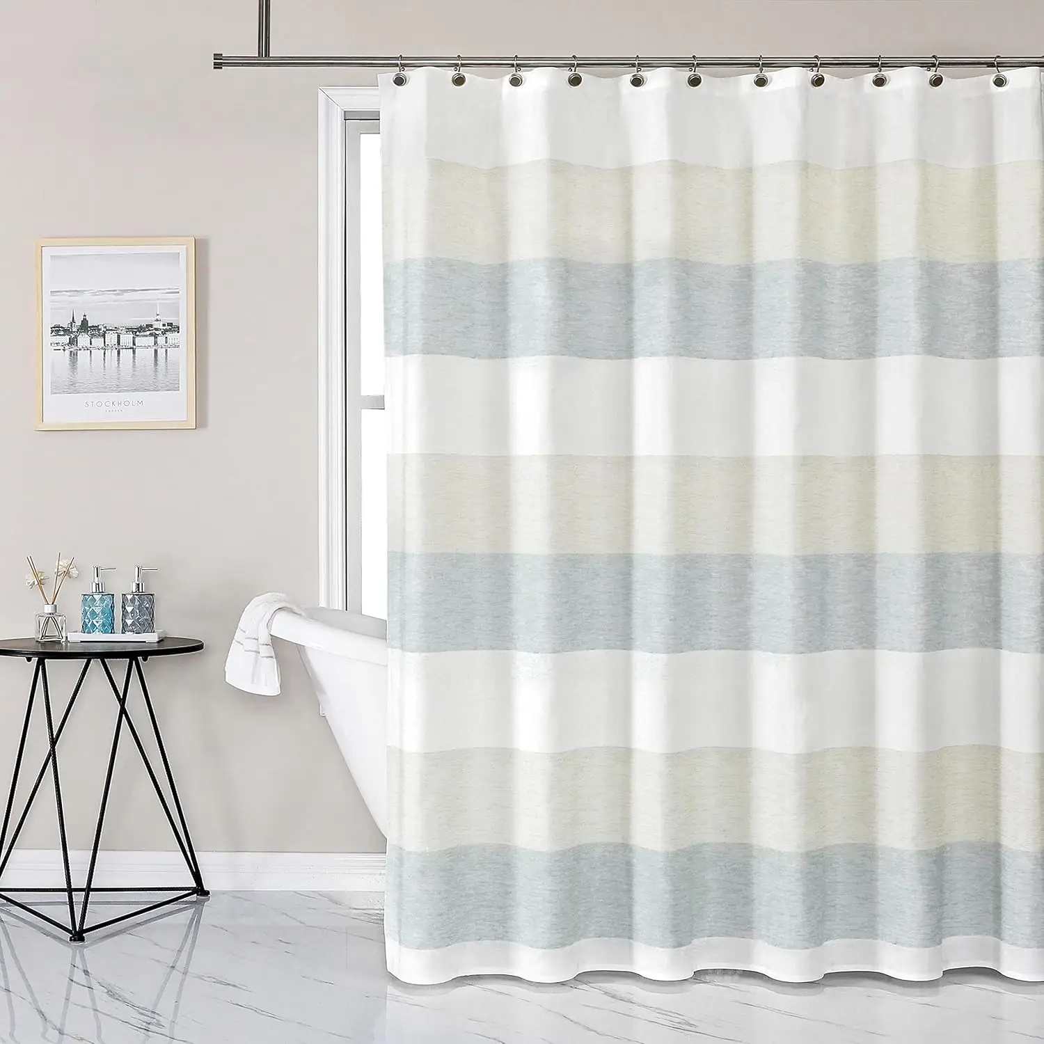 

Central Park Gray Tan Stripe Fabric Shower Curtain Water Resistant Color Block Stripe Print Bathroom Spa Hotel Decorative Shower