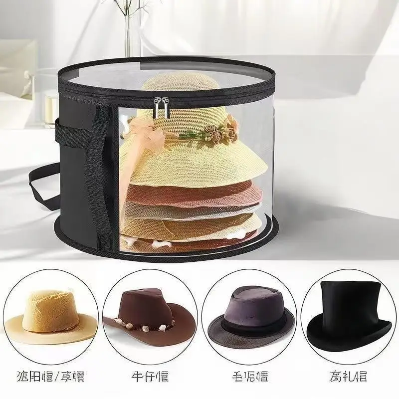 Hat Box Non-woven Clear Storage Bucket Foldable Travel Storage Box with Zipper Clothes Hat Large Capacity Organizing Bag
