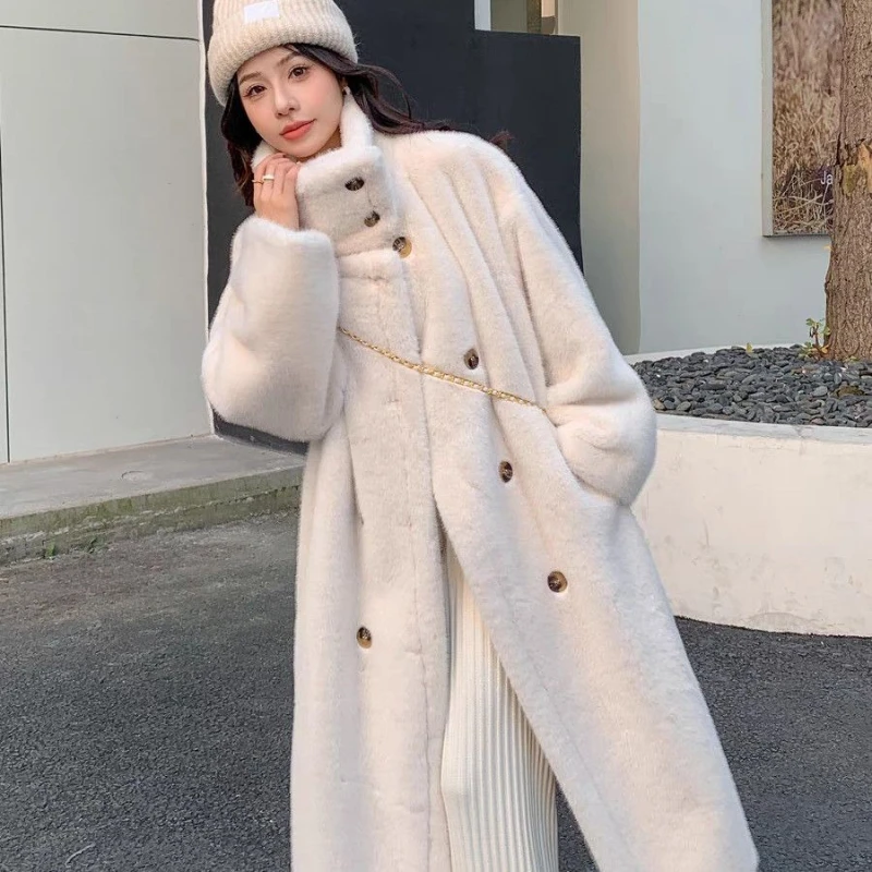 Chinese Style Vintage Lady Elegant Mink Fur Coat X-long Turtleneck Women's Faux Fur Outwear Luxury Female Double-breasted Jacket