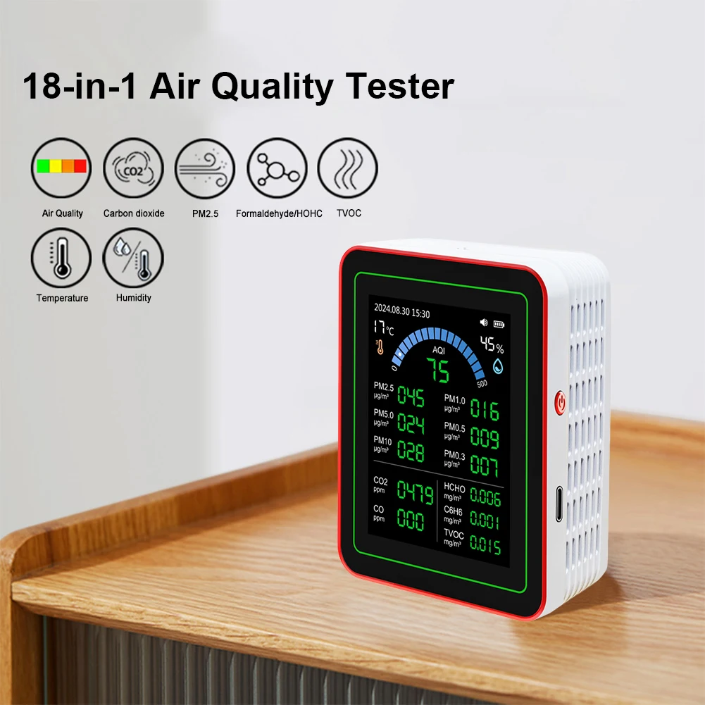Sensores detectores de ar em tempo real internos 18 em 1, detectam co2 pm2.5/pm10 hcho tvoc, testador portátil de qualidade do ar para casa, escritório, escola