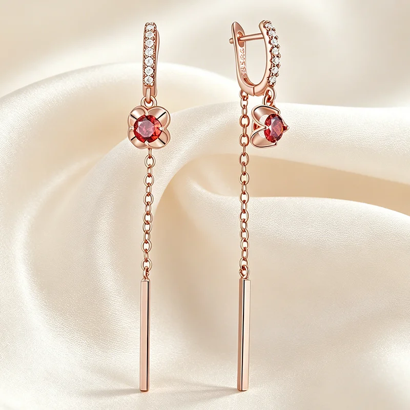 Kinel Hot Shiny Red Natural Zircon Long Tassel Dangle Earrings Women Fashion 585 Rose Gold Color High Quality Daily Fine Jewelry