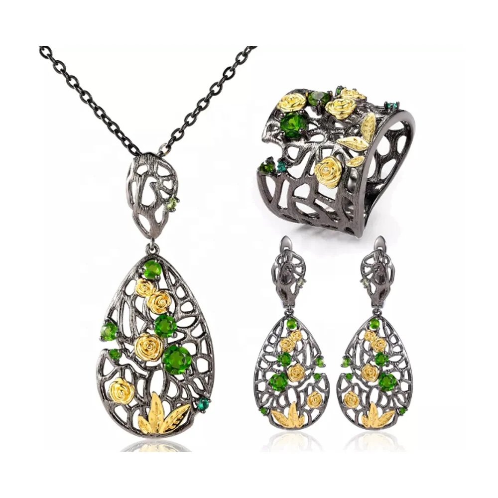 C7929 Abiding Women Jewelry High Quality Natural Chrome Diopside Gemstone Black Gun Plated 925 Silver Jewelry Sets