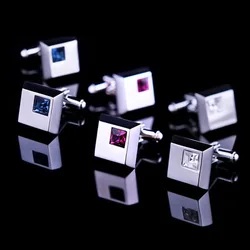 Fashion jewelry Boy Mens Wedding Shirt Cufflinks with Silver Color Metal Cuff Links Blue Black Pink Red Purple Crystal