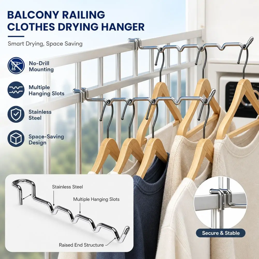 Stainless Steel Balcony Clothes Hanger Wave Shaped Multiple Hanging Slots Railing Drying Rack No Drill Hook Mount
