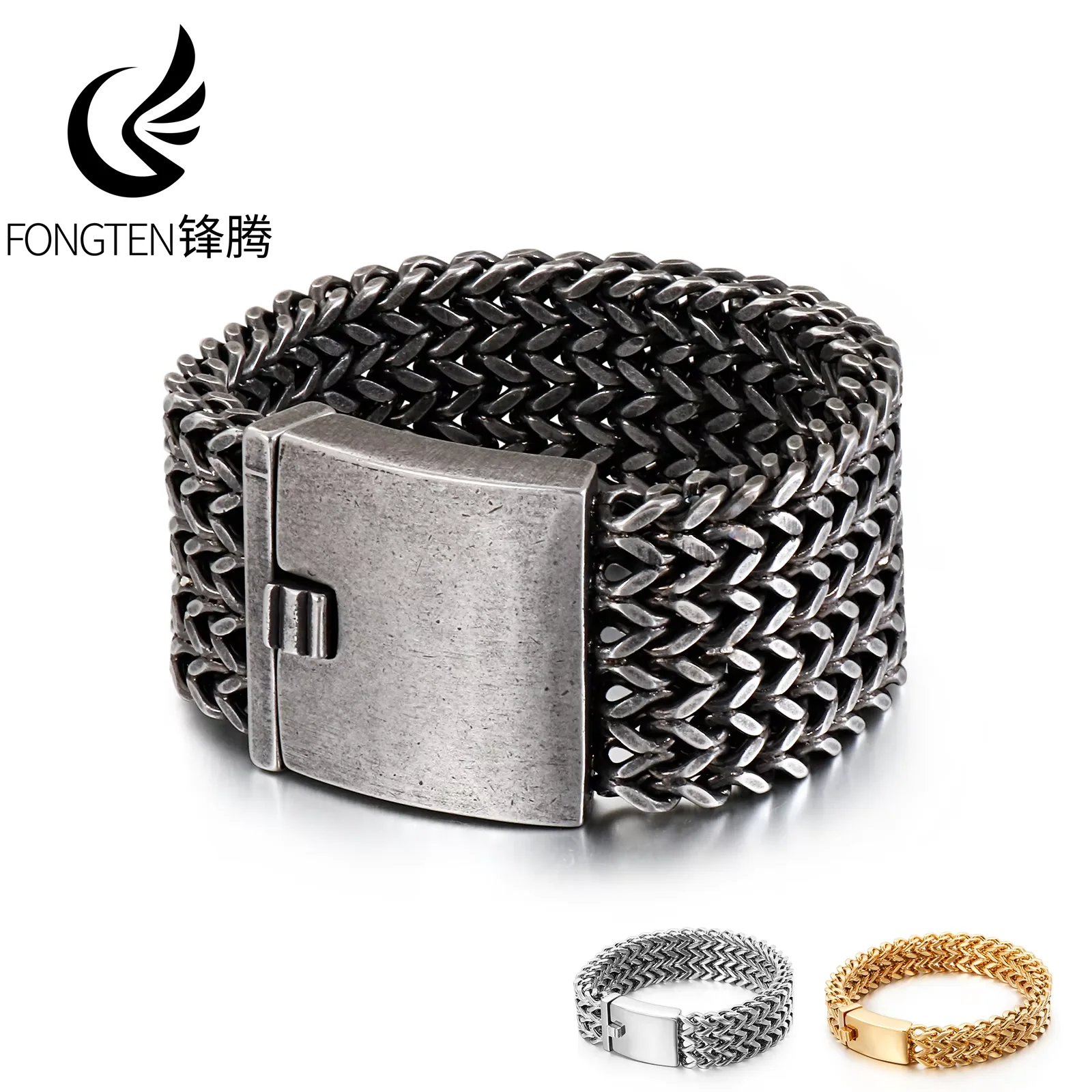 Fongten 30mm Mesh Link Chain Bracelet For Men Stainless Steel Mens Wrist Band Charm Bangle Bracelets Gold Silver Color Jewelry
