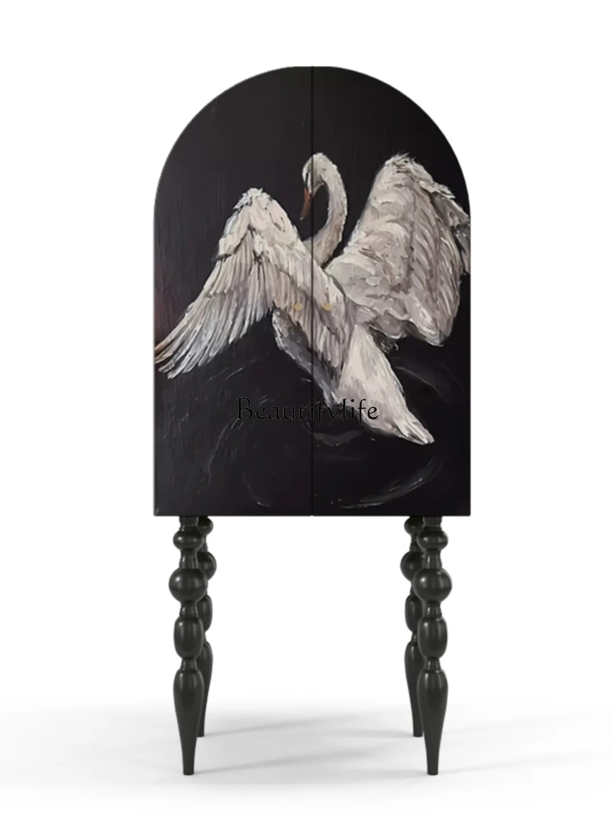 

Retro Swan Figure Decorative High-Leg Black Solid Wood Storage Cabinet Wall Integrated