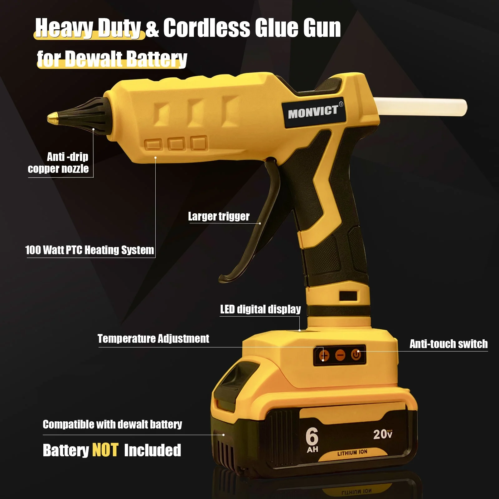 Cordless Glue Gun for Dewalt 20V Battery, Upgraded 100W Digital Temperature Adjustable Full Size Heavy Duty with 10 Glue Sticks