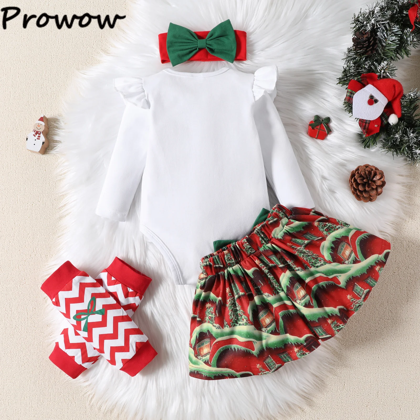 Prowow My First Christmas Baby Girl Clothes Sets 4pcs Deer Romper+Skirts+Headband+Leg Warmer 2025 New Year Baby Girl Outfits