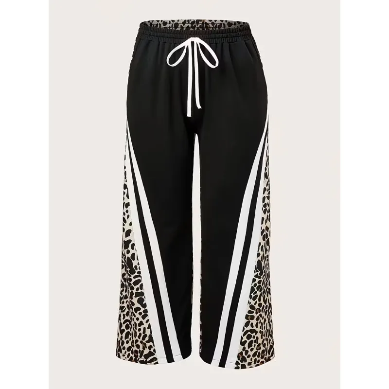 2026 Unisex Summer Quick Dry Wide Leg Pants Leopard Print Spliced White Side Stripe Elastic Waist Hip Hop Sports Streetwear